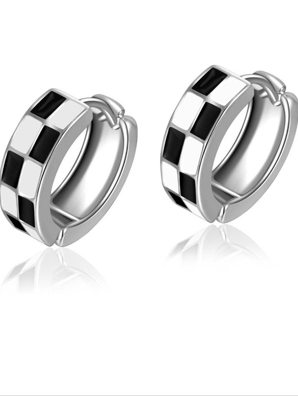 Silver Hoop Earrings with Black and White Checker Inlay